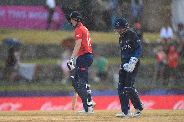 Harry Brook struck a 20-ball 47 not out in a rain-affected game against Namibia Harry Brook struck a 20-ball 47 not out in a rain-affected game against Namibia