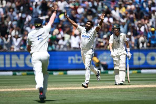 Jasprit Bumrah celebrates the fall of Mitchell Marsh Jasprit Bumrah celebrates the fall of Mitchell Marsh