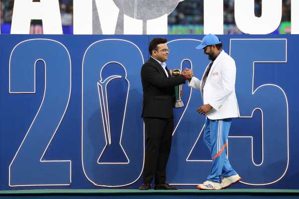 ICC chairperson Jay Shah, BCCI President Roger Binny, BCCI secretary Devajit Saikia and NZC director Roger Twose were present on the podium ICC chairperson Jay Shah, BCCI President Roger Binny, BCCI secretary Devajit Saikia and NZC director Roger Twose were present on the podium