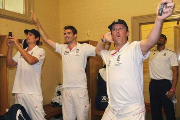 England's Alastair Cook (L), James Anderson (C) and Graeme Swann (R) celebrate in the dressing room after winning the Ashes series 3-1 in Sydney on January 7. Britain's newspapers revelled Saturday in England's crushing defeat of Australia in the Ashes series, basking in the chance to gloat at their expense at long last. England's Alastair Cook (L), James Anderson (C) and Graeme Swann (R) celebrate in the dressing room after winning the Ashes series 3-1 in Sydney on January 7. Britain's newspapers revelled Saturday in England's crushing defeat of Australia in the Ashes series, basking in the chance to gloat at their expense at long last.