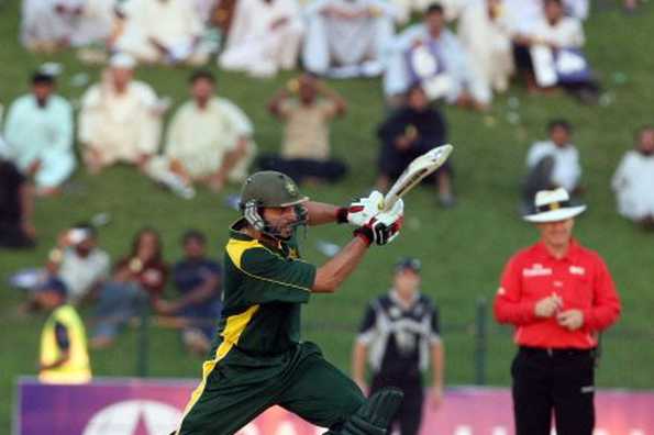 Pakistan's Shahid Afridi plays a shot during the first one-day international against New Zealand in the Gulf emirate of Abu Dhabi on November 3. Afridi Friday hoped his more responsible approach to batting and effective bowling would help Pakistan defend the World Twenty20 title and win the 2011 World Cup. Pakistan's Shahid Afridi plays a shot during the first one-day international against New Zealand in the Gulf emirate of Abu Dhabi on November 3. Afridi Friday hoped his more responsible approach to batting and effective bowling would help Pakistan defend the World Twenty20 title and win the 2011 World Cup.