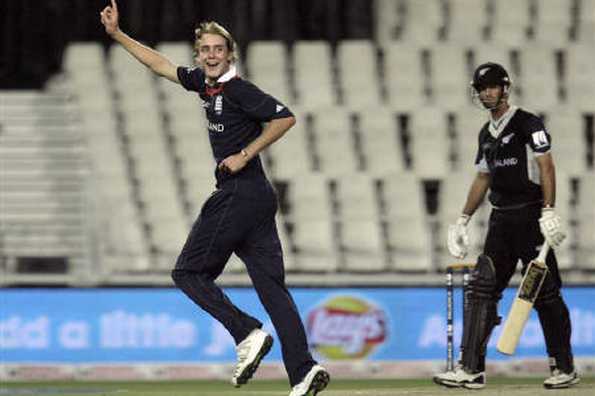 England's Stuart Broad (L) celebrates the wicket of Grant Elliott during their ICC Champions Trophy cricket match against New Zealand in Johannesburg, September 29, 2009. REUTERS/Rogan Ward England's Stuart Broad (L) celebrates the wicket of Grant Elliott during their ICC Champions Trophy cricket match against New Zealand in Johannesburg, September 29, 2009. REUTERS/Rogan Ward