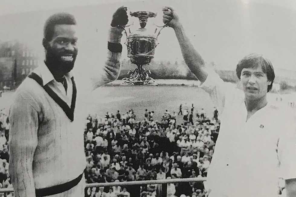 Franklyn Stephenson and Peter Wood celebrate Rawtenstall's victory in the 1981 Lancashire League Franklyn Stephenson and Peter Wood celebrate Rawtenstall's victory in the 1981 Lancashire League