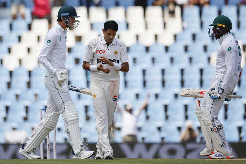 Jansen and Rabada celebrate the victory as Abbas applauds the effort Jansen and Rabada celebrate the victory as Abbas applauds the effort