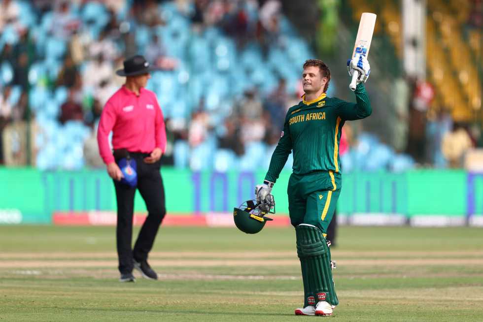 Ryan Rickelton celebrates his maiden ODI century in Karachi Ryan Rickelton celebrates his maiden ODI century in Karachi